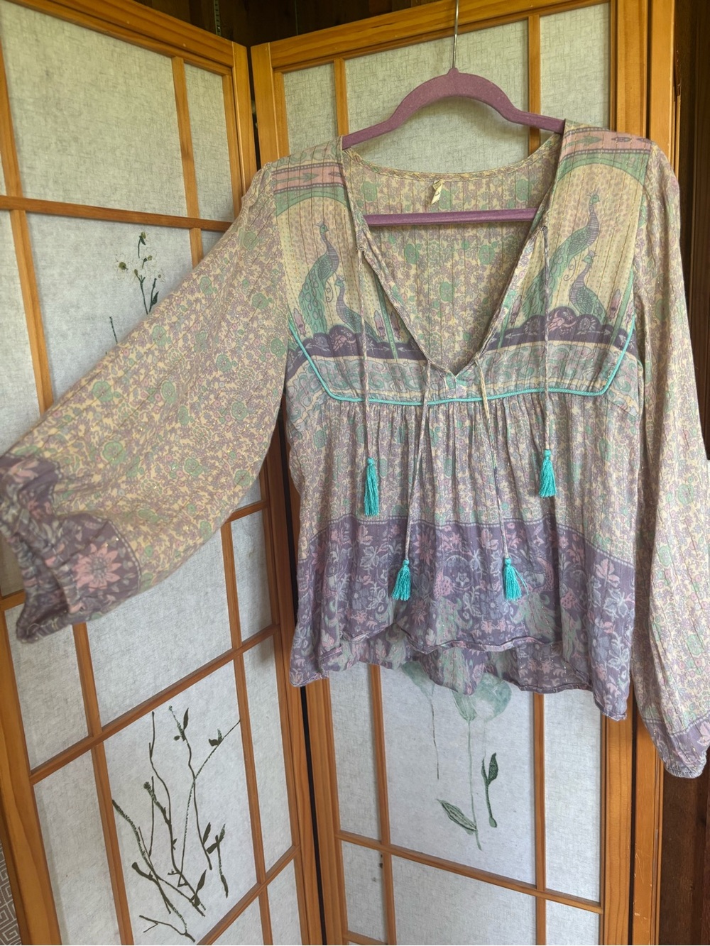 Spell Floral Boho Blouse in Sage, Lavender & Teal Tassels